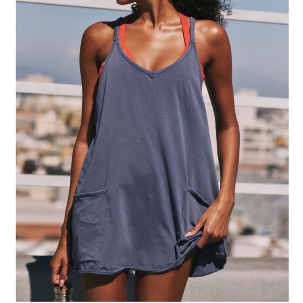 FREE PEOPLE MOVEMENT HOT SHOT MINI DRESS shorts onesie pocket indigo blue NWOT M - Picture 15 of 16